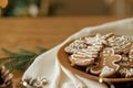 Merry Christmas! Gingerbread cookies with icing in plate on wooden rustic table with fir branches and festive decorations. Royalty Free Stock Photo