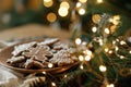 Merry Christmas! Gingerbread cookies with icing in plate on wooden rustic table with fir branches, festive decorations and Royalty Free Stock Photo