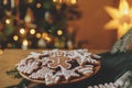 Merry Christmas! Gingerbread cookies with icing in plate on wooden table with fir branches and festive decorations against Royalty Free Stock Photo