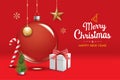 Merry christmas glass ball and decoration object for flyer brochure design on red background invitation theme concept. Happy Royalty Free Stock Photo