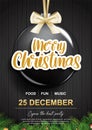 Merry christmas with glass ball for flyer brochure design on black background invitation theme concept. Happy holiday greeting Royalty Free Stock Photo