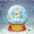 Merry christmas glass ball with snowman on grunge background Royalty Free Stock Photo