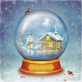 Merry christmas glass ball with snowman and house on grunge background Royalty Free Stock Photo