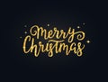 Merry Christmas glitter gold hand drawn lettering. Bright golden xmas text with sparkles and stars. Christmas Royalty Free Stock Photo