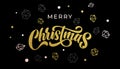 Merry Christmas gold calligraphy and ornaments pattern of golden and silver crystal glittering decorations. Christmas winter Royalty Free Stock Photo