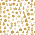 Merry Christmas Gold elements on white background. Seamless graphic pattern made with elements of zentangl and doodle