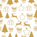 Merry Christmas Gold elements on white background. Seamless graphic pattern made with elements of zentangl and doodle