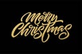 Merry Christmas gold glitter lettering design. Christmas greeting card, poster, banner. Golden glittering snow