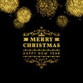 Merry Christmas gold glittering lettering design. Christmas holidays wish design and vintage ornament decoration. Happy