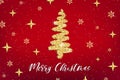 Merry Christmas gold greeting card template. Hand drawn stylized Christmas tree with golden glitter effect on red decorated