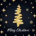 Merry Christmas gold greeting card template. Hand drawn stylized Christmas tree with golden glitter effect on black decorated