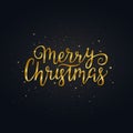 Merry Christmas gold hand drawn lettering. Bright golden xmas text with glitter sparkles and stars. Christmas Royalty Free Stock Photo