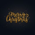 Merry Christmas gold hand drawn lettering. Bright golden xmas text with glitter sparkles and stars. Christmas Royalty Free Stock Photo