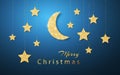 Merry Christmas. Gold handing shiny glitter glowing star isolated on blue night background. Vector illustration Royalty Free Stock Photo