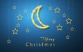 Merry Christmas. Gold handing shiny glitter glowing star isolated on blue night background. Vector illustration Royalty Free Stock Photo