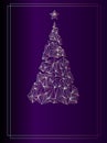 Merry Christmas gold invitation. Background purple color on Dark Light