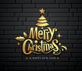 Merry christmas gold message with tree, star, ball on black block wall banner design on black background Royalty Free Stock Photo