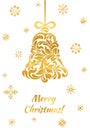 Merry Christmas. Golden Christmas bell from a floral ornament. Christmas bell, snowflakes and text isolated on a white background