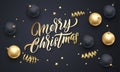 Merry Christmas golden calligraphy lettering, Xmas gold stars, balls confetti decoration. Vector Xmas holiday black backgro Royalty Free Stock Photo