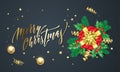 Merry Christmas golden decoration and gold font calligraphy greeting card design. Vector Christmas tree holly wreath decoration, N Royalty Free Stock Photo