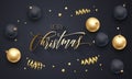 Merry Christmas golden decoration, hand drawn gold calligraphy font for greeting card black background. Vector Christmas or New Ye Royalty Free Stock Photo