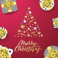 Merry Christmas golden greeting card pink background. Vector Xmas tree gold gifts, text calligraphy and silver stars confetti Royalty Free Stock Photo