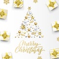 Merry Christmas golden greeting card, Xmas tree gold gifts and calligraphy text. Vector golden snowflakes, stars confetti