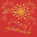 Merry Christmas! Golden Hand-Written Letters and Fireworks on Red. Festive Background.Shimmering Starry Fireworks. Royalty Free Stock Photo