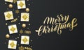 Merry Christmas golden lettering text, black background. Vector Christmas greeting card calligraphy, gifts, snowflakes and gold Royalty Free Stock Photo