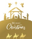 Merry Christmas golden Nativity scene with Holy family and calligraphy