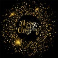 Merry Christmas golden ornaments for poster, greeting card, party invitation, banner or flyer on black background with golden sand