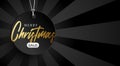 Merry Christmas Golden sale banner. Round price tag hanging on a thread on a black luxury background with empty space for text Royalty Free Stock Photo