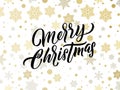 Merry Christmas golden, silver snowflakes pattern. Vector Xmas greeting card calligraphy lettering and gold confetti background Royalty Free Stock Photo