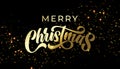 Merry Christmas golden stars light sparkles and gold calligraphy lettering. Vector Xmas holiday greeting card, golden glitter Royalty Free Stock Photo