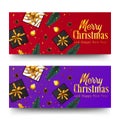 Merry christmas golden text and confetti. xmas banner template. fir spruce leaves, present box, bauble ball Royalty Free Stock Photo