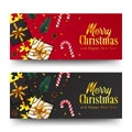 Merry christmas golden text and confetti. xmas banner template. fir spruce leaves, present box, candy cane, bauble ball Royalty Free Stock Photo