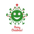 Merry Christmas. Green cartoon coronavirus bacteria with red christmas tree balls and star on the top. Isolated on a white
