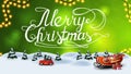 Merry Christmas, green postcard with blurred background and cartoon winter landscape with red vintage car carrying Christmas tree Royalty Free Stock Photo