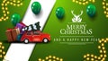 Merry Christmas, green postcard with garlands, balloons, greeting logo with deer and red vintage car carrying Christmas tree Royalty Free Stock Photo