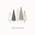 Merry Christmas greeting card with abstract hand drawn Christmas trees.