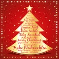 Merry christmas greeting card. All languages. Red and gold starry vector christmas tree.