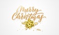 Merry Christmas greeting card background design template of golden glittering hand drawn calligraphy quote text, decoration star a Royalty Free Stock Photo