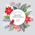Merry Christmas greeting card, banner and background in elegant, modern and classic style with leaves, flowers and bird