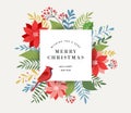 Merry Christmas greeting card, banner and background in elegant, modern and classic style with leaves, flowers and bird