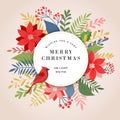 Merry Christmas greeting card, banner and background in elegant, modern and classic style with leaves, flowers and bird