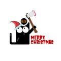 Merry Christmas greeting card or banner with Black cat with Santa hat holding bloody ax isolated on white background Royalty Free Stock Photo