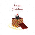 Merry Christmas greeting card or banner with a Black cats with Santa hat. Funny Christmas black cat. Christmas concept Royalty Free Stock Photo