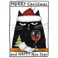 Merry Christmas greeting card or banner with a Black cats with Santa hat. Funny Christmas black cat. Christmas concept Royalty Free Stock Photo