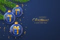 Merry christmas greeting card or banner. Hanging transparent glass balls baubles with gift boxes inside, pine branches on blue Royalty Free Stock Photo