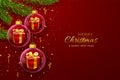 Merry christmas greeting card or banner. Hanging transparent glass balls baubles with gift boxes inside, pine branches on red Royalty Free Stock Photo